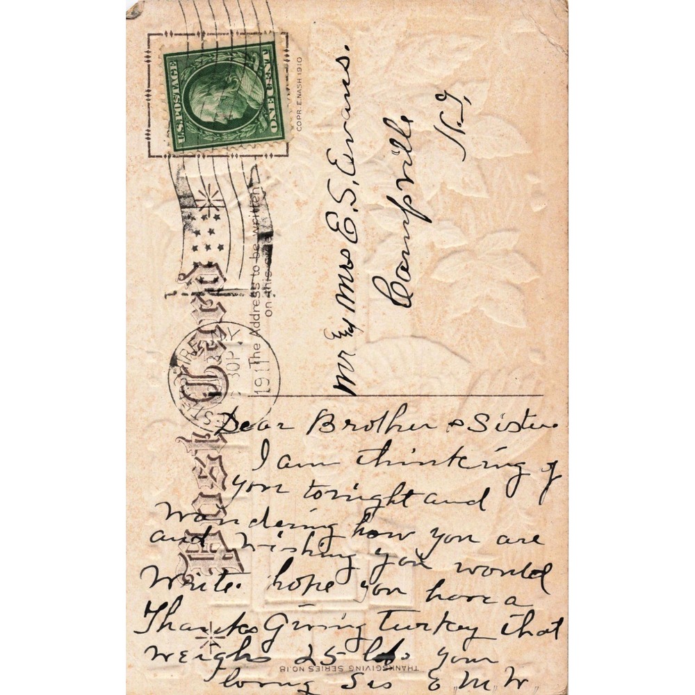Vintage 1910 E Nash Thanksgiving Postcard Embossed Turkey Maple Leaves Germany - Picture 2 of 2